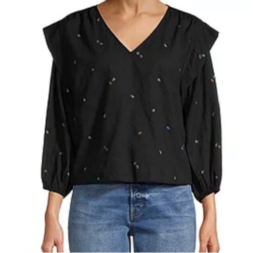 NWT a.n.a. black floral Lilith loose fit cuffed sleeve crop top Size Petite Sm‎